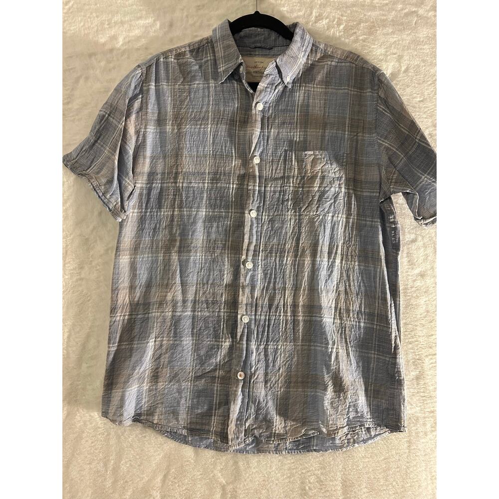 Weatherproof Vintage Mens Size M Plaid Short Sleeve Button Down Shirt Blue Tan